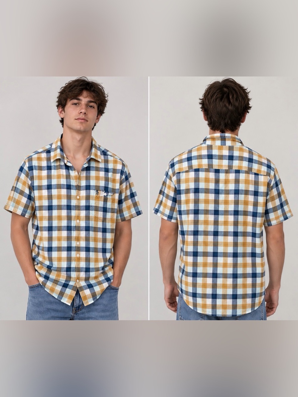 XXL Original Penguin Men’s Short-Sleeve Plaid Button-Down Shirt in Blue/Mustard